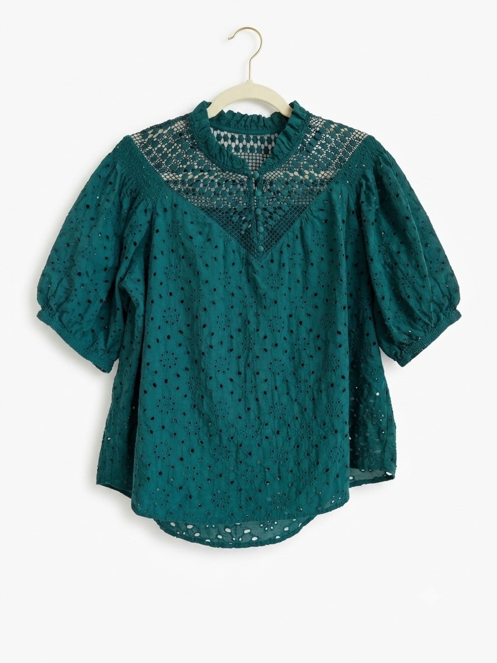 Romantic Dark Teal Green Eyelet Lace Blouse Ruffle Neck Puff Sleeve Boho Top
